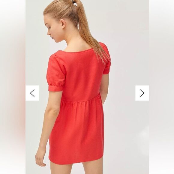 Red Linen Babydoll Mini Dress - Picture 3 of 13